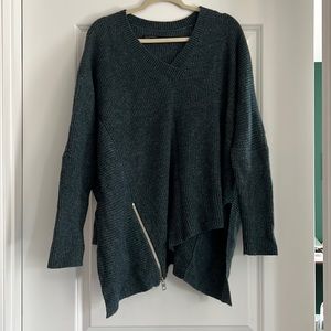 All Saints blue fuzzy v neck sweater asymmetrical with zipper